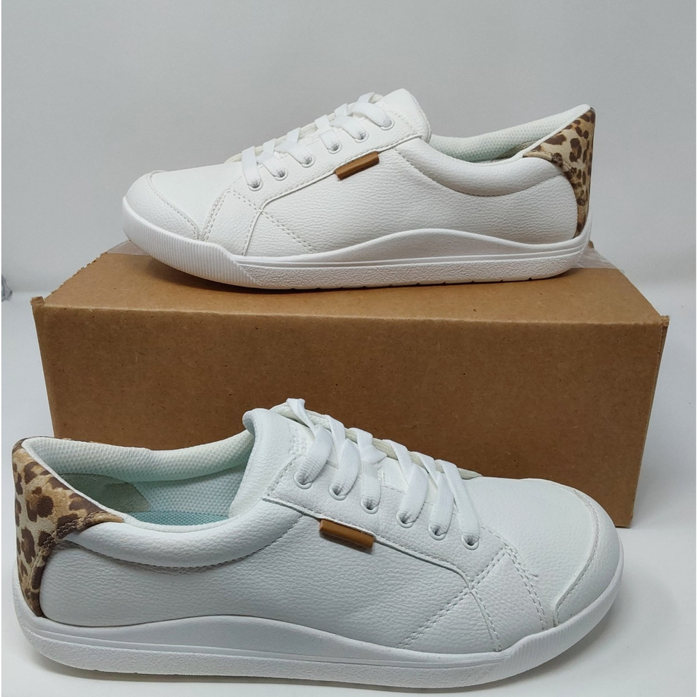 Dr. Scholl’s Womens White Faux Leather Sneakers Leopard Heel Accent Lace Up Sz 8